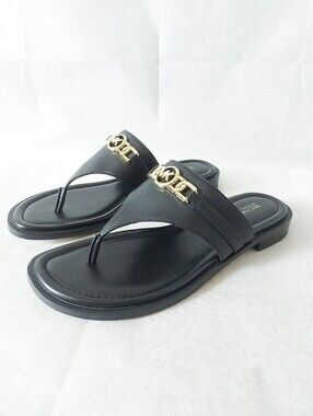 Michael Kors Black Leather Thong Sandals Size 7.5 M T-Strap Flat Comfy Gold Logo